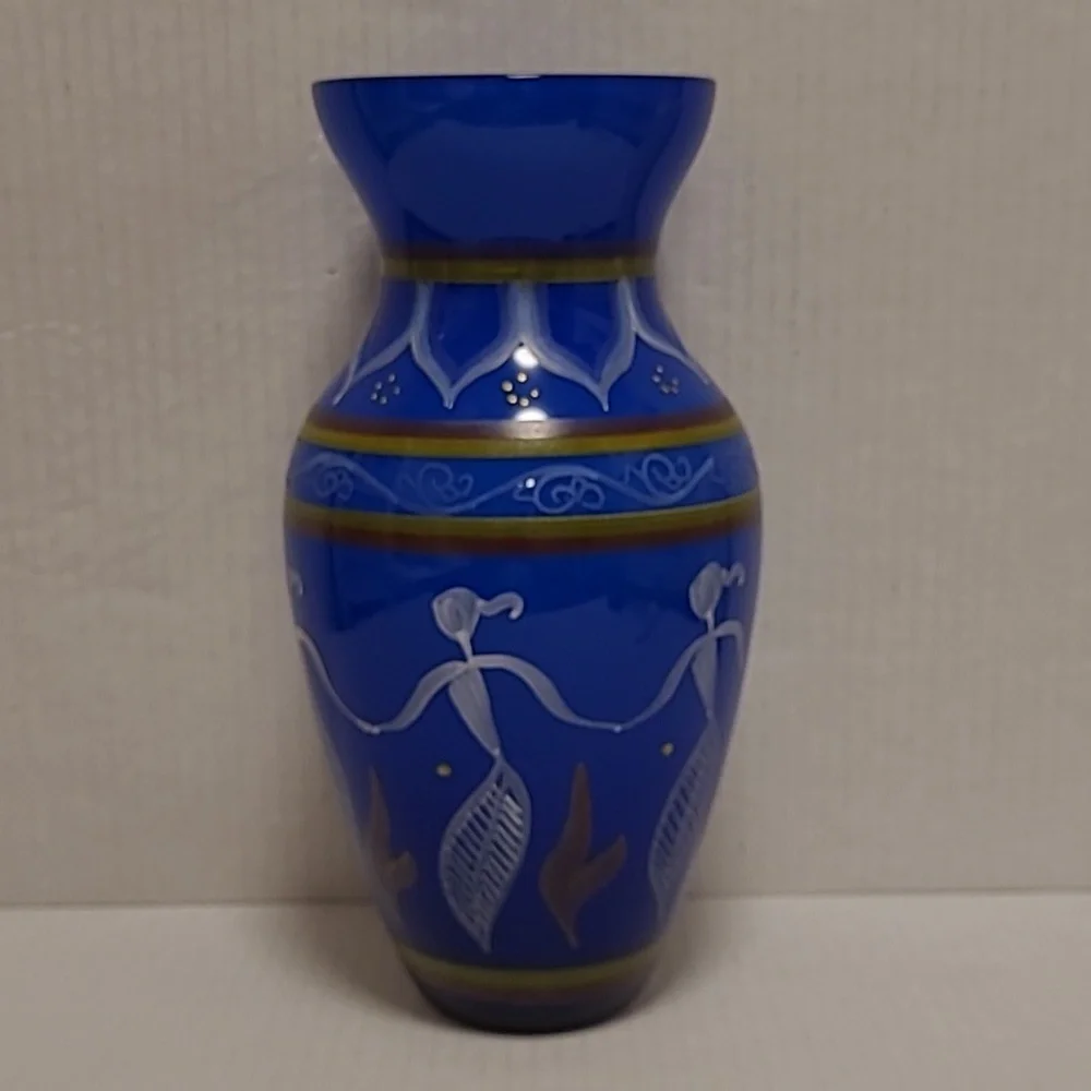 Vintage Colbalt Blue Handpainted Glass Vase